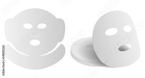 Face mask sheet. Beauty collagen product 3d mockup. Facial moisture woman cosmetic vector concept. Disposable paper or cotton tester packaging on white background. Girl pore care pack