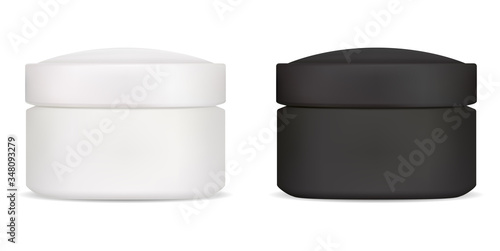 Black white cream jar mockup. Cosmetic lotion container template. Realistic round ointment package for your label and logo. Skin care scrub canister. Realistic round can for beauty product