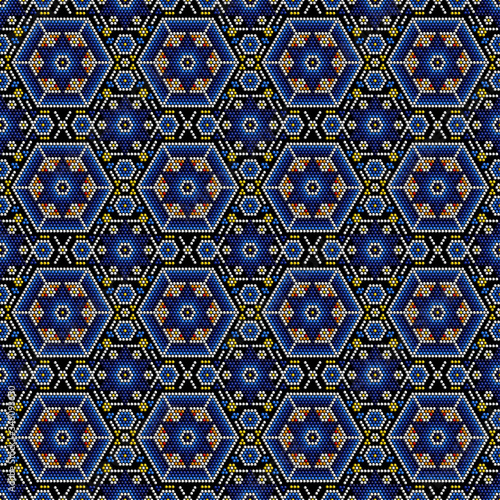 illustration of colorful geometric seamless pattern inspired in mexican handmade huichol crafts style. Can be tiled