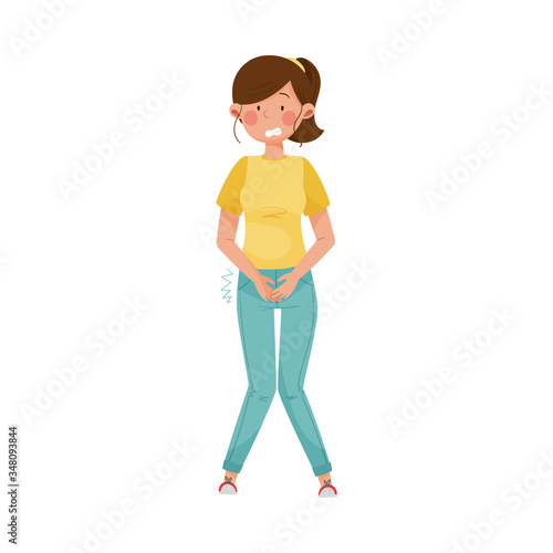 Female Character Standing with Symptom of Diabetes Such as Frequent Urination Vector Illustration