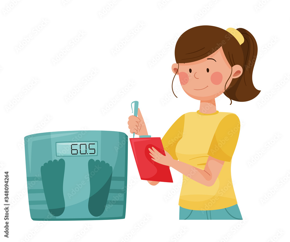 Young Woman Keeping Track of Her Weight as Tip for Diabetes Treatment Vector Illustration Young Woman Keeping Track of Her Weight as Tip for Diabetes Treatment Vector Illustration