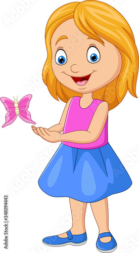 Cartoon little girl playing with butterfly