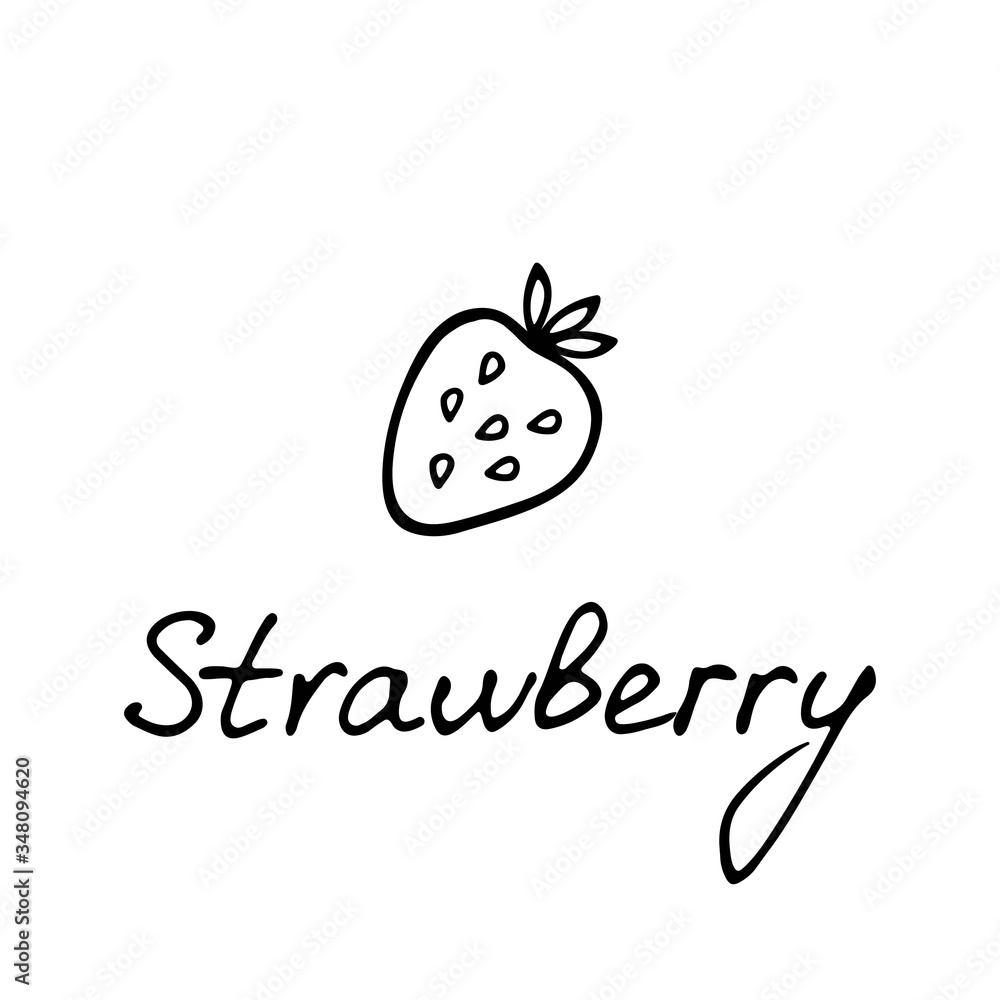 Hand drawn strawberry logo for print and web. Berry icon and strawberry inscription. Vector illustration. Hand drawn strawberry logo for print and web. Berry icon and strawberry inscription. Vector illustration.