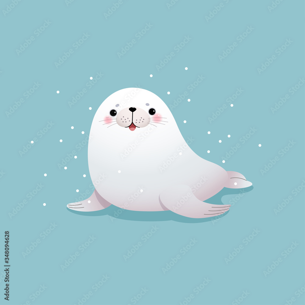 Vector illustration cute cartoon seal with snowflakes on blue background. Vector illustration cute cartoon seal with snowflakes on blue background.