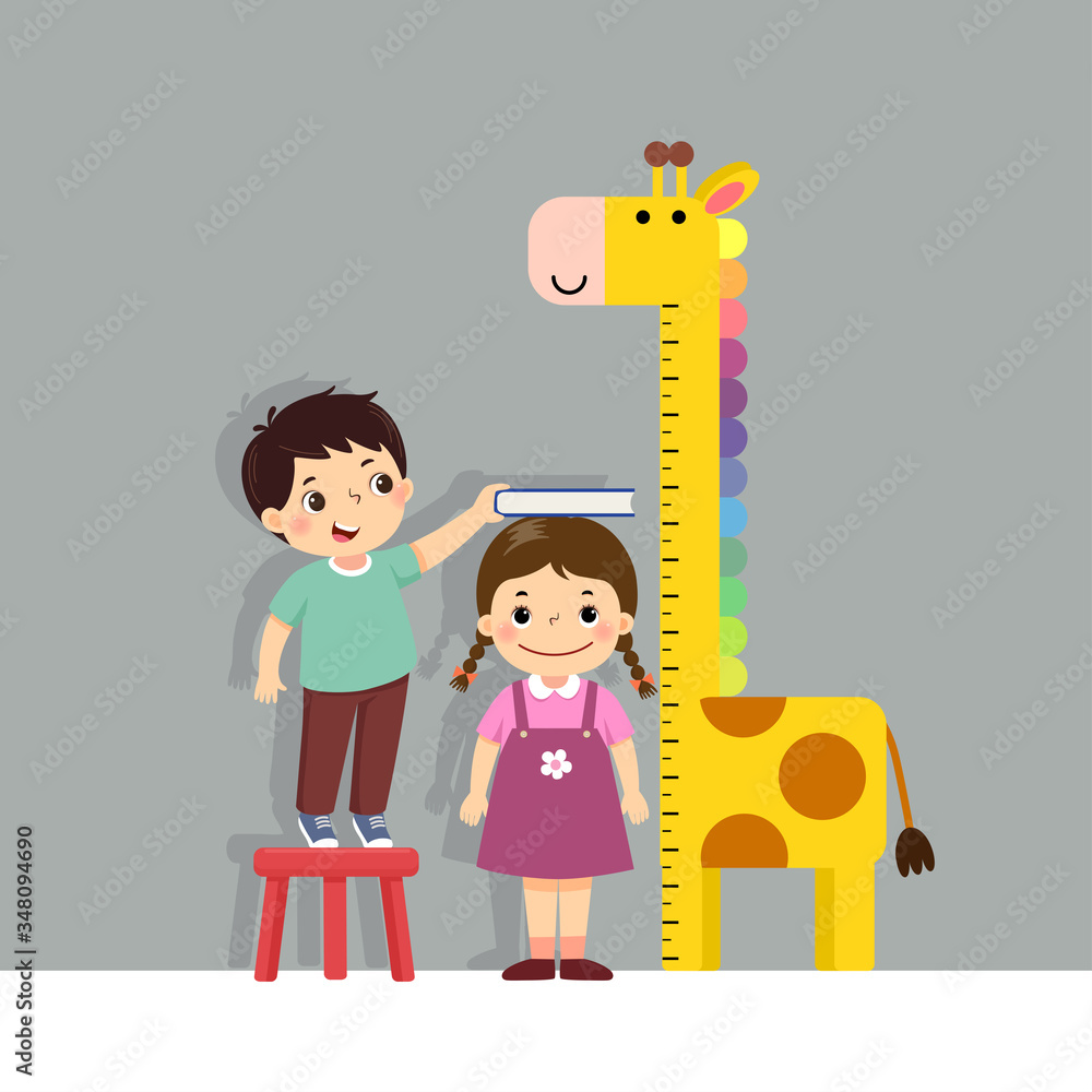 Vector illustration cute cartoon boy measuring height of little girl