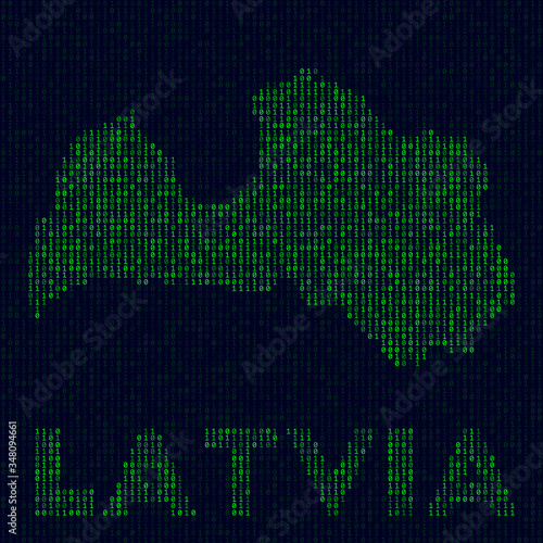 Digital Latvia logo. Country symbol in hacker style. Binary code map of Latvia with country name. Modern vector illustration.