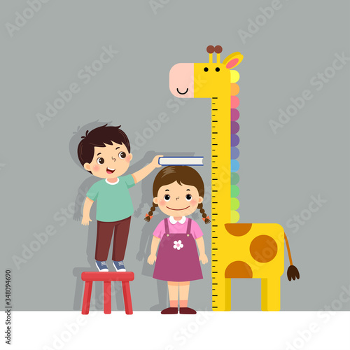 Vector illustration cute cartoon boy measuring height of little girl with giraffe height chart on the wall.