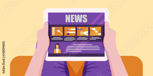 During free time, picking a tablet and following news and seriously learning how to prevent Corona virus.
Illustration about read news on tablet.