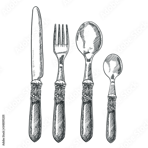 Vector hand drawn vintage cutlery set with table knife, fork, table spoon and tea spoon digital design elements for your logo, advertisement, menu, cafe, banner or flyers.