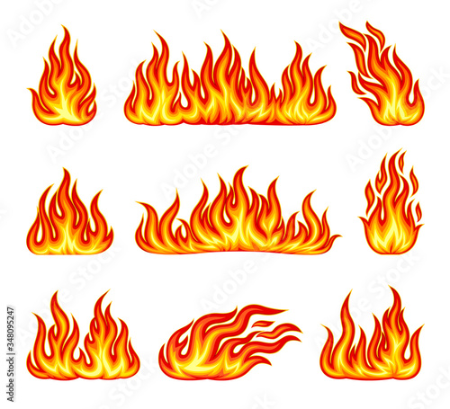 Tongues of Bright Flame Flickering Isolated on White Background Vector Set