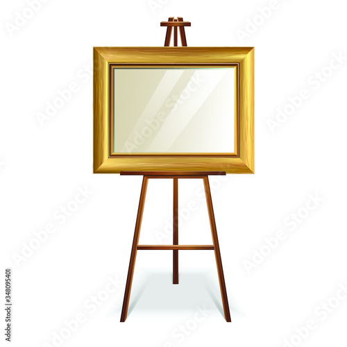  3d realistic vector illustration wooden easel with mock up empty Blank golden frame square canvas. Isolated on white background. 