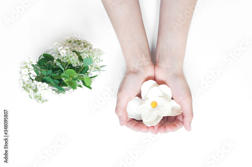 White flower in the hands of a woman. On white background