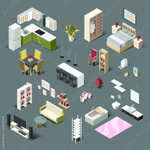 Big vector isometric low poly collection of house domestic furniture for living room, bathroom, bedroom and kitchen.