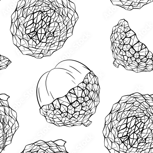 Seamless pattern with sketch lychee tropical fruit on a white background. Whole and half berries. Exotic delicious delicacy. Vector texture for menus, recipes and your design.