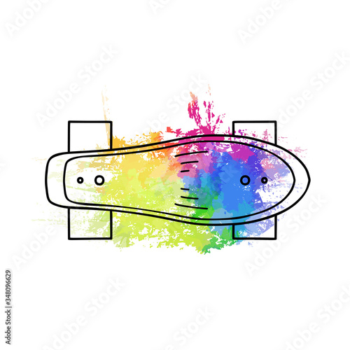 Outline illustration of a skateboard top view with rainbow watercolor grunge stroke. Active lifestyle. Sports hobby. Vector silhouette object for logo, icon, sticker and your creativity.