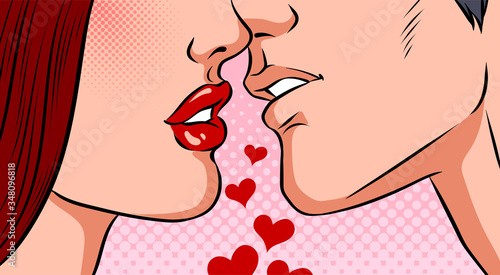 Kissing couple on a pink background. Valentine s day concept. Pop art vector comic illustration.