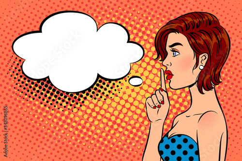 Woman with a finger on her lips. Silence gesture. Pop art background. Vector comic illustration.