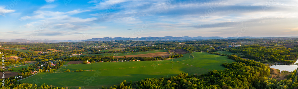 aerial view of panorama field and whole beskydy mountains, czech 10.5.2020