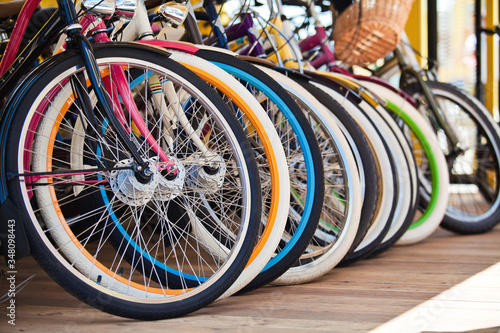 color wheel and tire parts bike groups in summer sun in citi © Стефания Пипченко