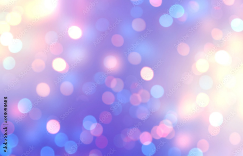 Confetti glitter on lilac clear space. Shimmer festive defocused background. Bokeh bstract texture. 