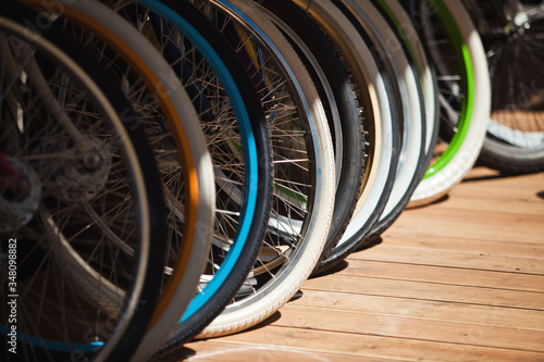 color wheel and tire parts bike groups in summer sun in citi