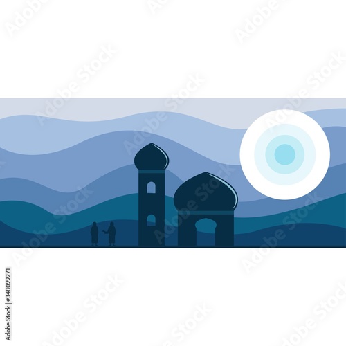 illustration of two silhouette people in the mosque vector illustration background. eid al fitr. eid mubarak. ramazan kareem.