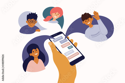 Group of people chatting online. Mobile app messenger. Cellphone screen with friends talking by internet. Using smartphone for virtual meeting with boy, girl, colleague, relatives. Vector illustration