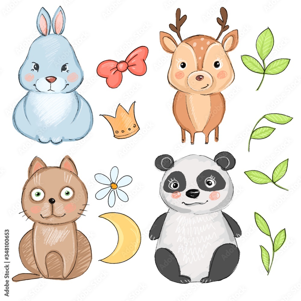 set of cute cartoon animals: rabbit, panda, deer and cat