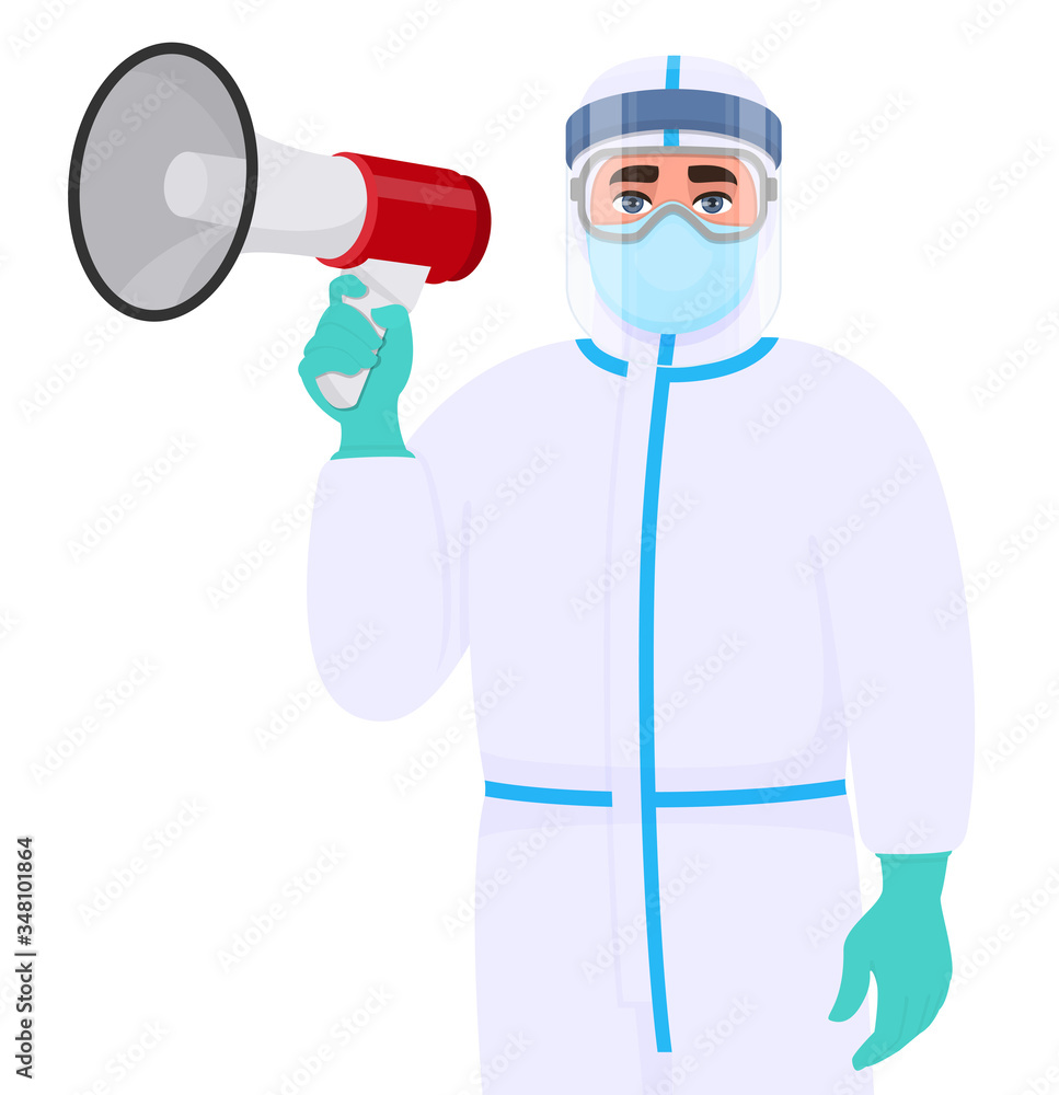 Doctor in safety protection suit dress, mask, goggles and face shield holding megaphone. Physician or surgeon announcing with loudspeaker. Person wearing personal protective equipment uniform. Vector Doctor in safety protection suit dress, mask, goggles and face shield holding megaphone. Physician or surgeon announcing with loudspeaker. Person wearing personal protective equipment uniform. Vector
