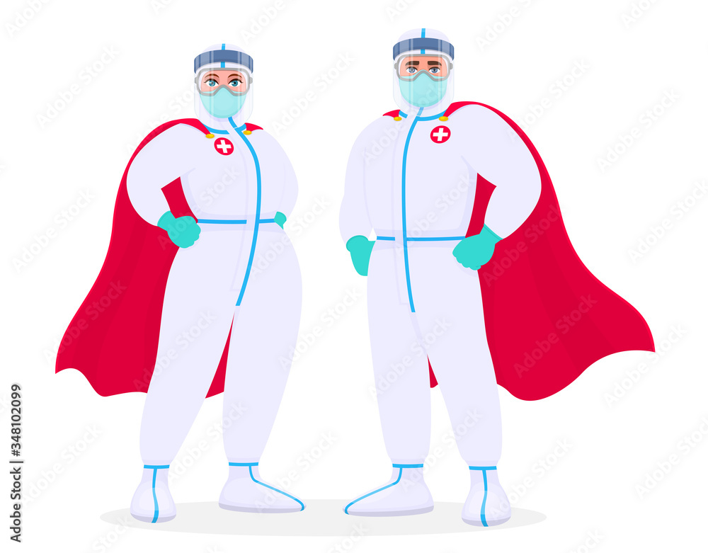 Superhero doctors in safety protection suit, medical mask and capes. Team of professional surgeons. Male and female physicians wearing PPE and cloaks. Corona virus epidemic. Vector design illustration