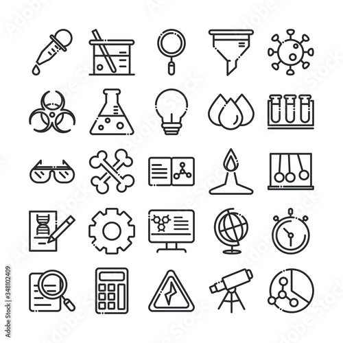 science and research laboratory study icons collection line style icon