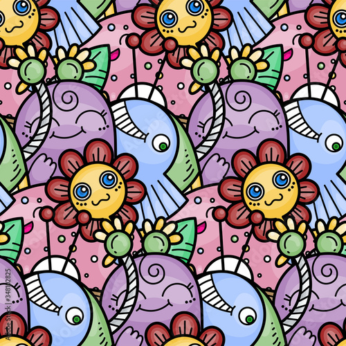Kawaii seamless pattern of friendly doodle monsters cute and fun variety of colors animals