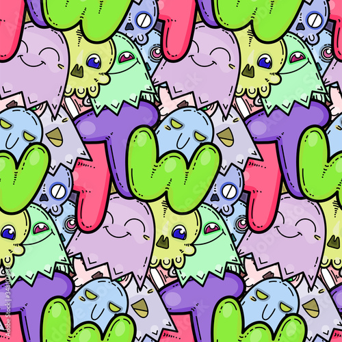 WTF. Kawaii seamless pattern of friendly doodle monsters,cute and fun variety of colors animals