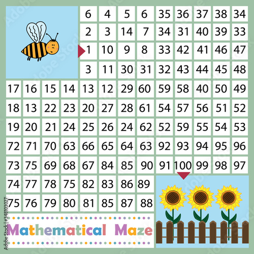 Mathematical maze game where you need to find the way to the finish line by numbers, color, background white, vector graphics, development and training, entertainment, design of children's books