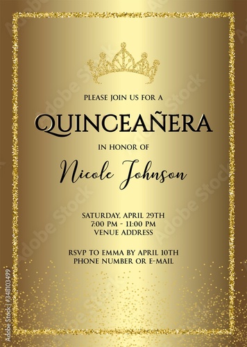 Quinceañera Birthday Party for Girl 15 years vector printable invitation card with golden glitter frame