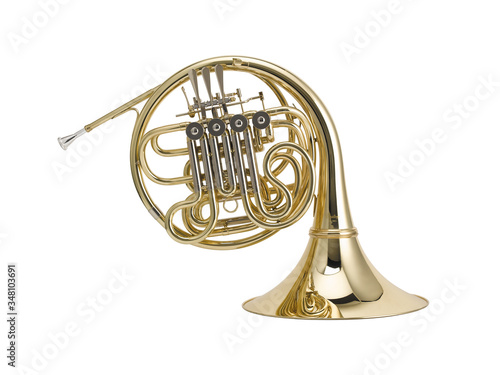 Golden French horn , Horn, Brass Music Instrument Isolated on White background