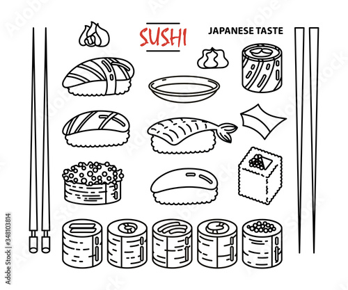 Isolated sushi icon set of different types of rolls with wasabi soy ginger. Delicious collection for restaurant and bar menu, booklets or prints