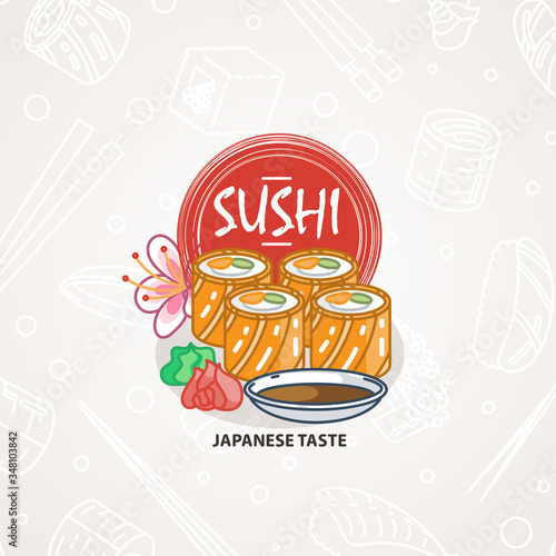 Sushi. Japanese food. Rolls with fish and caviar on eco plate, chopsticks, ginger and soy sauce. Delicious art for restaurant and bar menu, booklets or prints