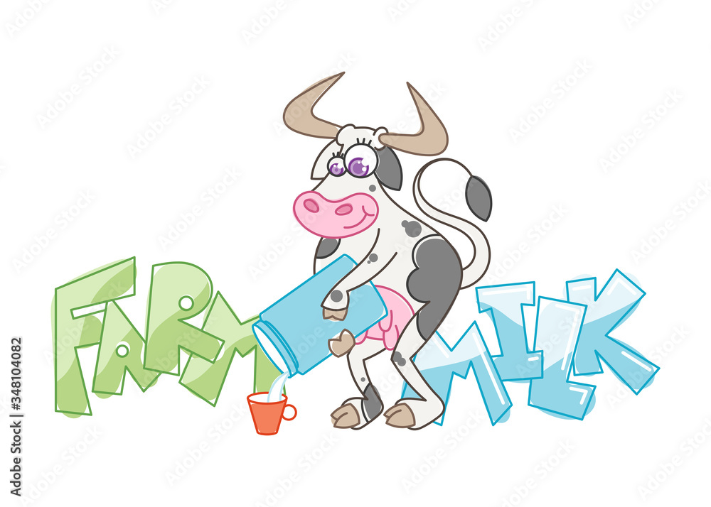 Happy cartoon smiling cow with milk can and mug. Happy cartoon smiling cow with milk can and mug.
