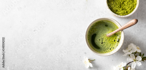matcha green tea on a light background, top view, place for text, banner photo