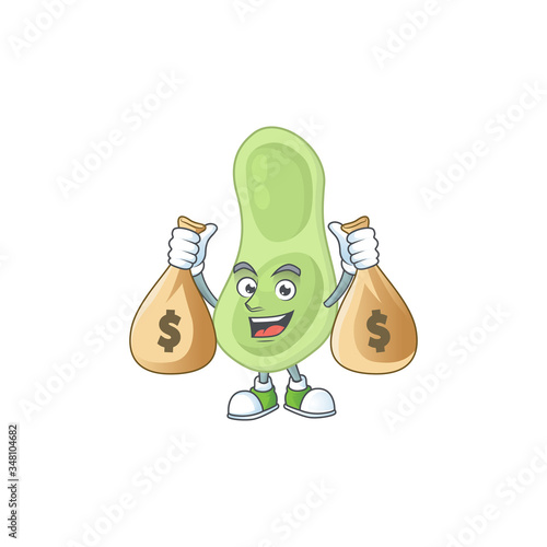 Blissful rich staphylococcus pneumoniae cartoon character having money bags