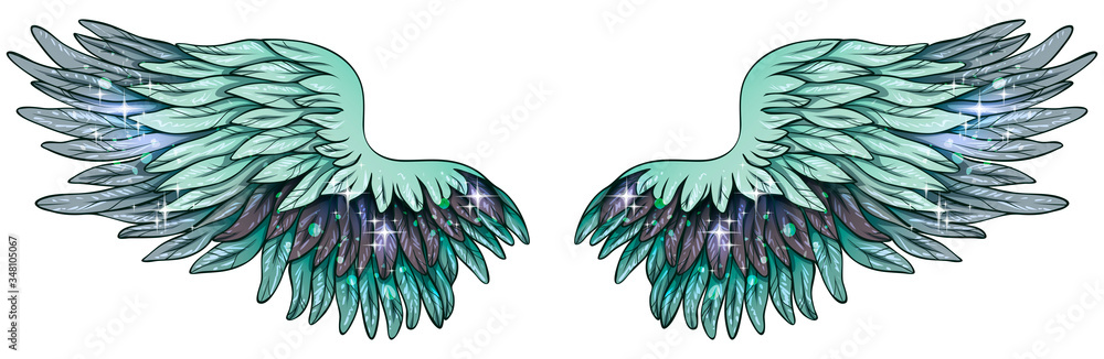 Fototapeta Beautiful magic glittery glowing mint grey angelic wings, vector