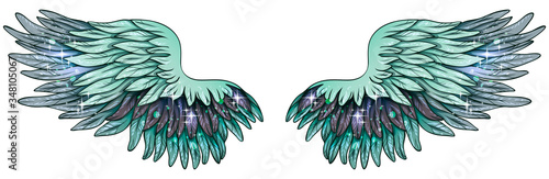 Beautiful magic glittery glowing mint grey angelic wings, vector