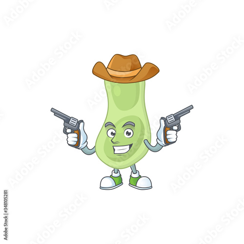 A cowboy cartoon character of staphylococcus pneumoniae holding guns