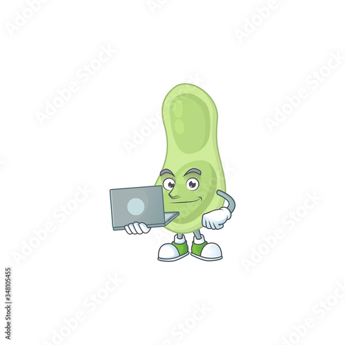 Diligent staphylococcus pneumoniae mascot design style working from home with laptop