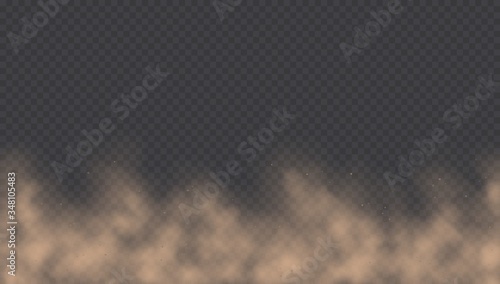 Dust cloud, road dirt, brown sandstorm explosion in desert concept. Dirty sandy cloud isolated on a transparent background. Vector illustration.