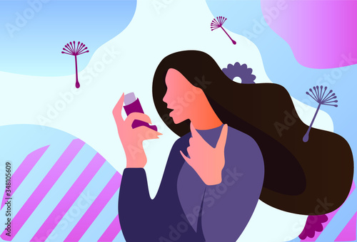Asthma inhaler help allergic woman. World asthma day. Allergy, asthmatic. Inhalation medicine. Flat vector illustration concept. Man uses an inhaler against the attack. Bronchial asthma.