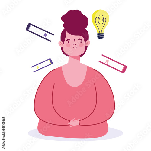 online education, teacher woman books bulb idea cartoon photo