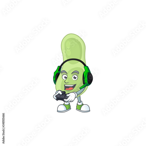 A cartoon design of staphylococcus pneumoniae talented gamer play with headphone and controller
