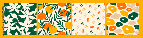 Artistic seamless pattern with abstract flowers and oranges.